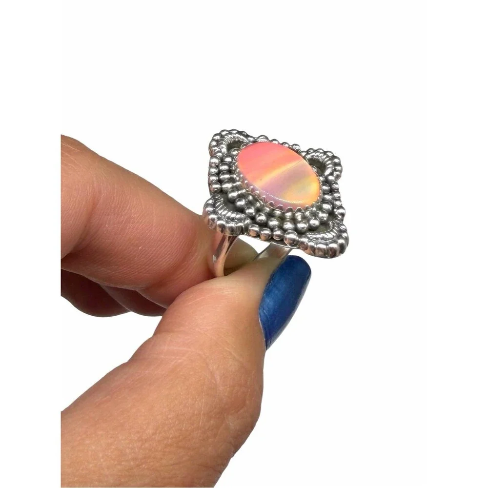 Aurora Fire Opal Ring Size 7 Solid 925 Sterling Silver Pink Aura Stone